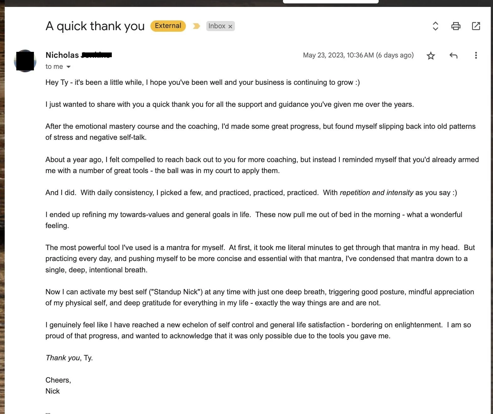 Nicholas - Reached a new echelon of self-control and improvement review screenshot