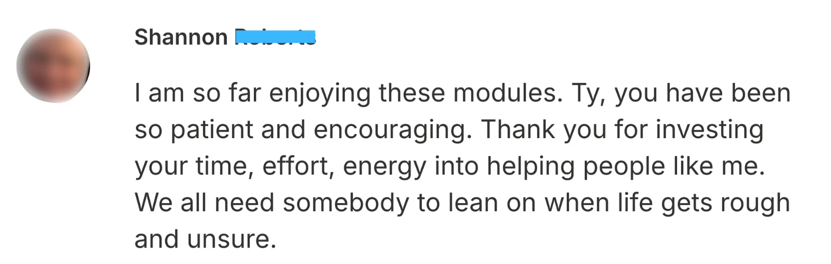Shannon - Enjoying the modules and being grateful review screenshot