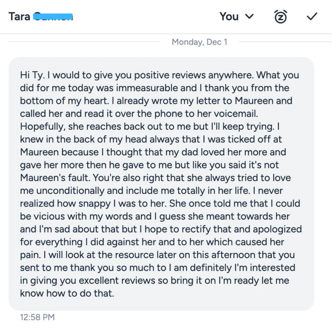 Tara - What you did for me was immeasurable review screenshot