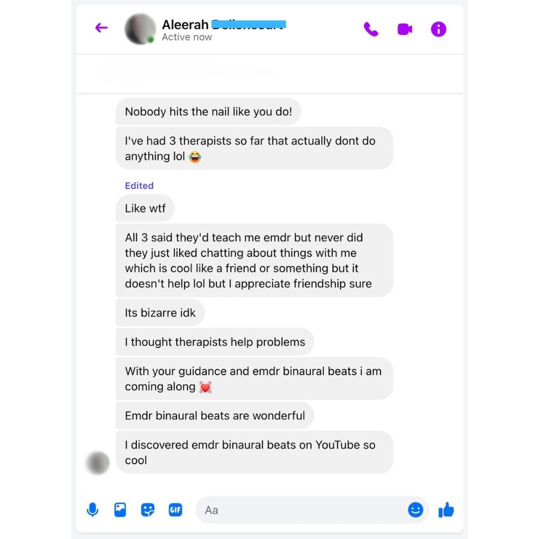 Aleerah - With your guidance and EMDR binaural beats I am coming along review screenshot
