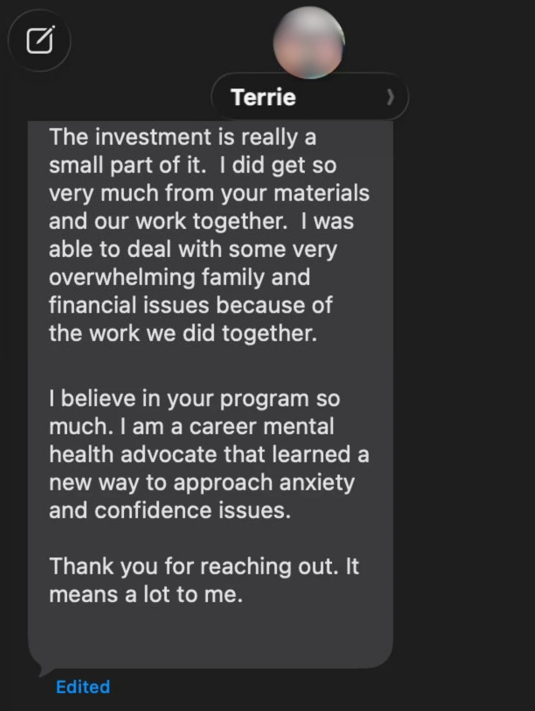Terrie - I believe in your program so much review screenshot